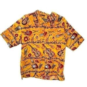 Box Office Island Men  Shirt Yellow Orange Guitar Hawaiian size L     A356
